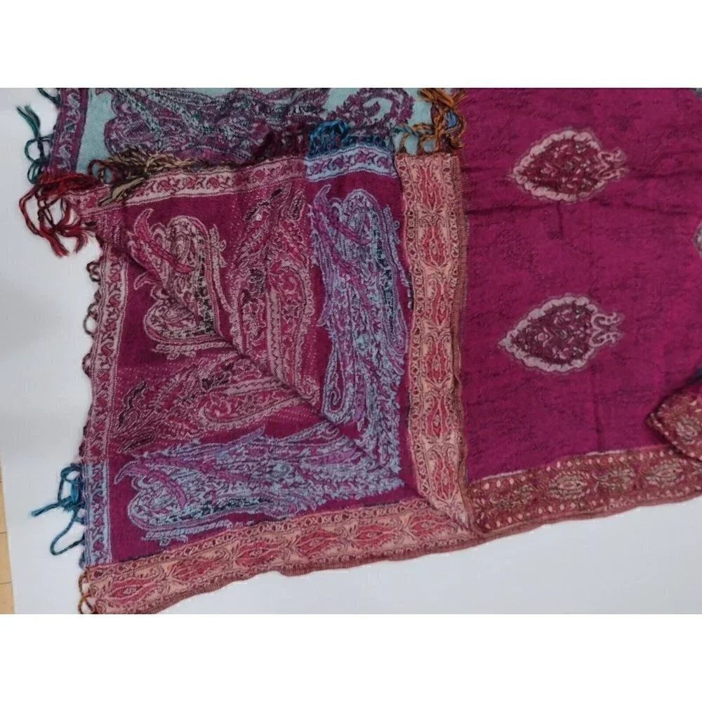 Womens 100% Cashmere Pashmina Wrap Multi Colored Paisley Fringe Afghanistan